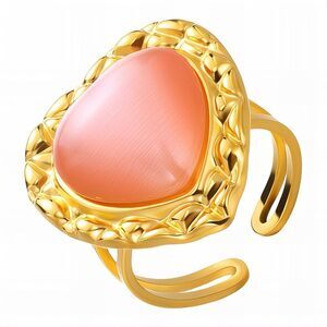18K Gold Plated Women's Pink Heart Statement Ring Waterproof Hypoallergenic